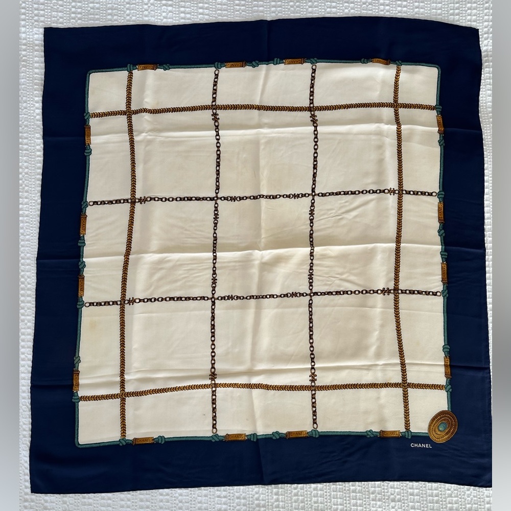 CHANEL Cream, Navy & Teal Silk Scarf with Gold Chain Motif